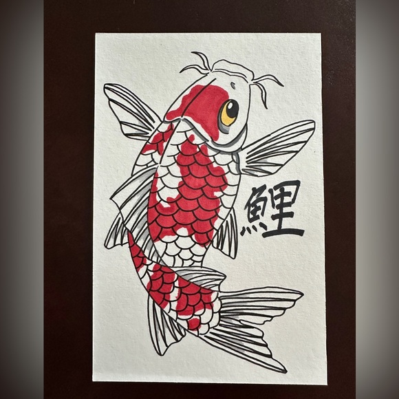 Original Copic Ink Marker  5x7 Inch Koi Fish Drawing Japanese Japan Nature Kanji - Picture 1 of 1